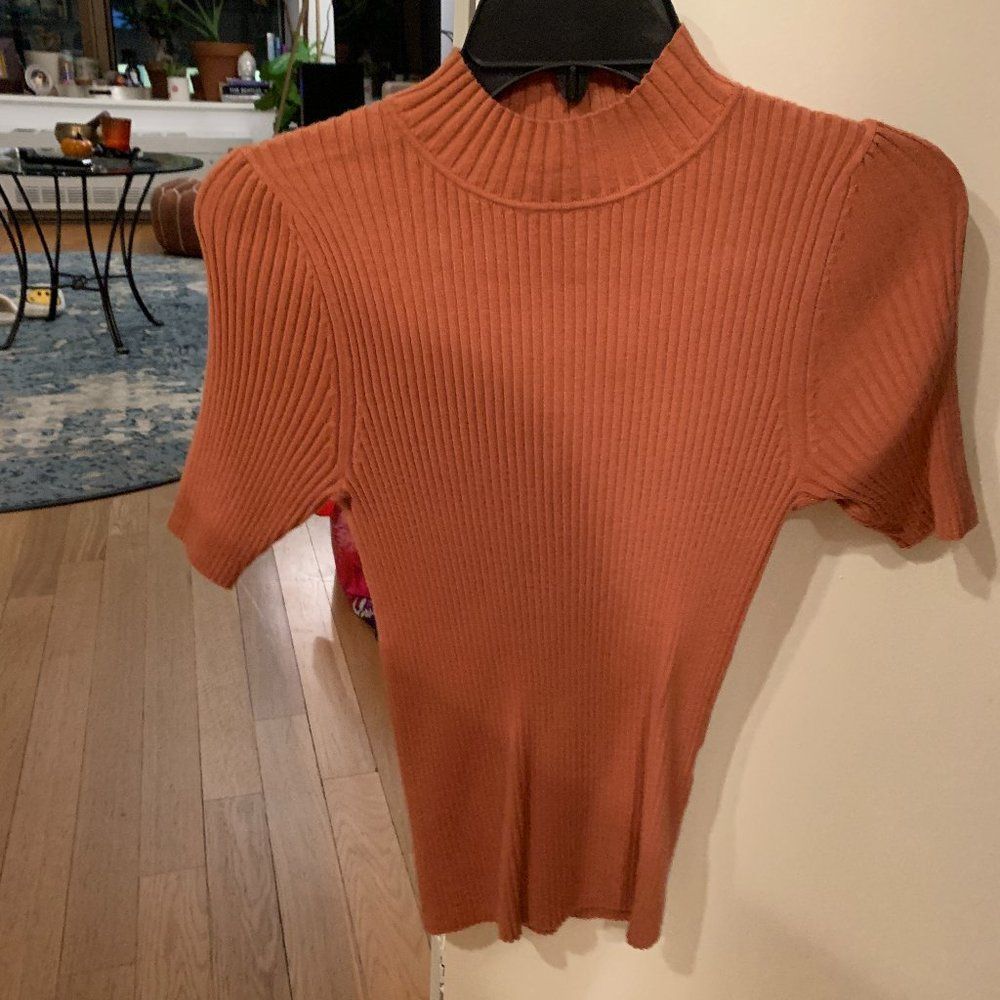 Ribbed Mock-Neck Sweater Top in Terracotta Pink - Picture 2 of 2
